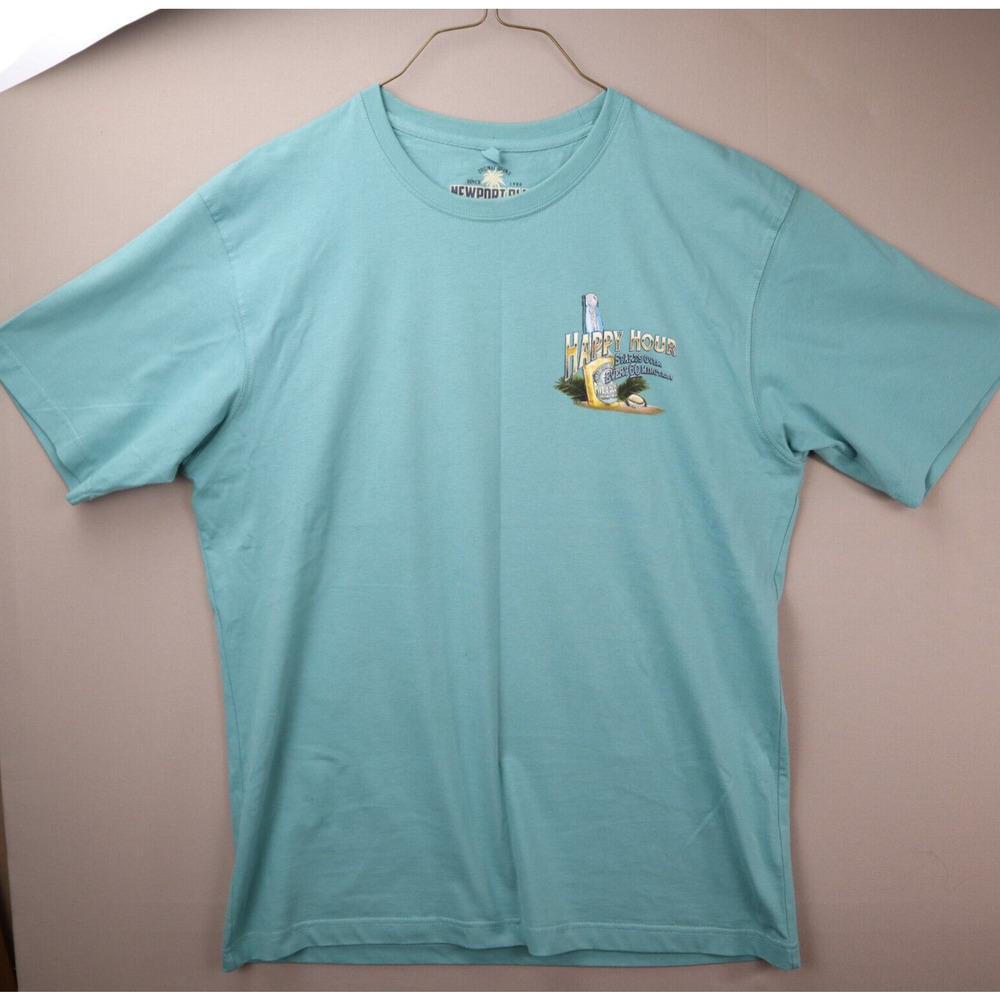 Newport Blue T-shirt Mens Size L Large Happy Hour Starts Every 60 Minutes Print